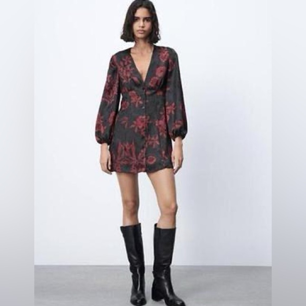 Zara Black Mini Dress Medium Red Floral Jacquard Summer Dress
